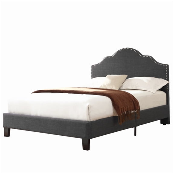 MANGIJOY Low Profile Upholstered Bed Frame, Full, with Padded Headboard, Charcoal Grey, Solid Wood, Quick Assembly