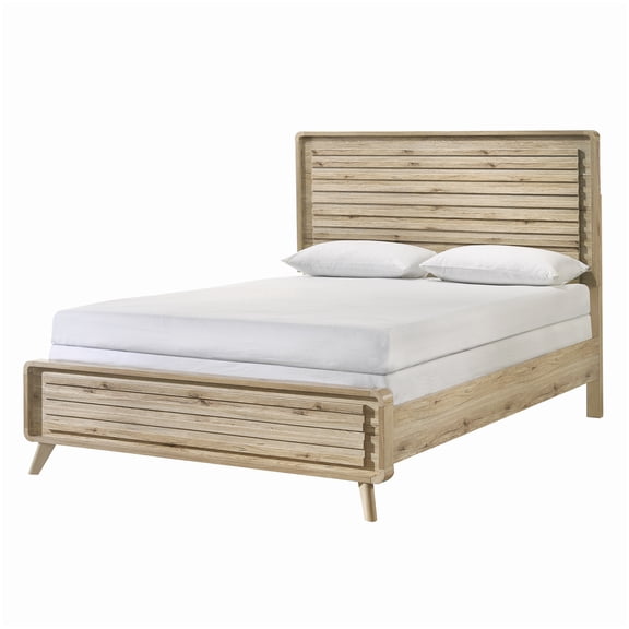 MANGIJOY Mid-Century Style Queen Bed Frame with Headboard, Beige Brown Platform Bed, No Box Spring, Wood Grain Finish