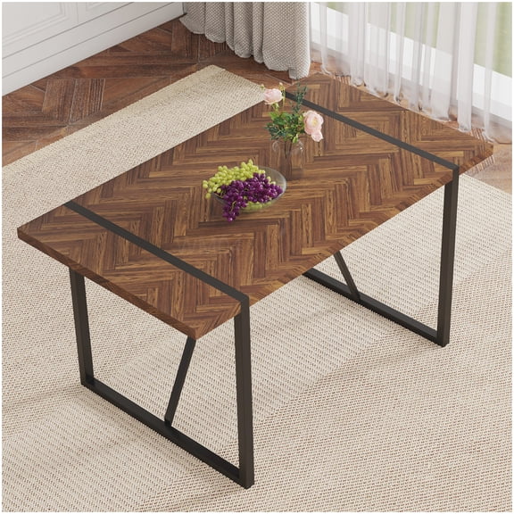 MANGIJOY Minimalist Dark Wood Textured Dining Table with Fishbone Design and Metal Legs