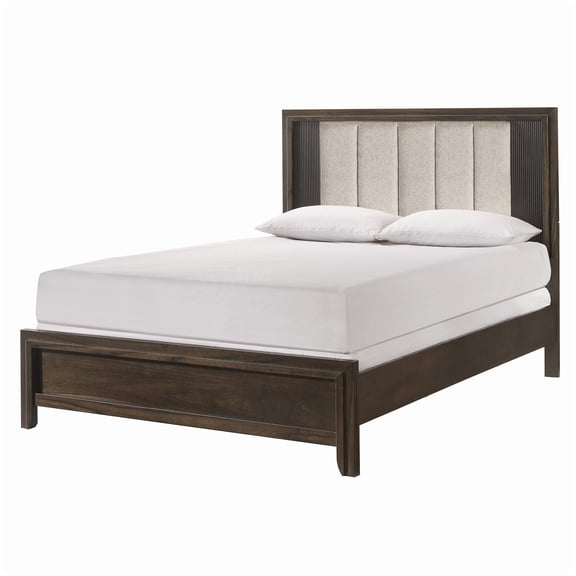 MANGIJOY Modern Farmhouse King Bed Frame with Upholstered Headboard, Rustic Brown Platform Bed, No Box Spring Needed, Wood Slat Support System