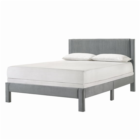 MANGIJOY Modern Full Size Upholstered Bed Frame, Low Profile Platform with Ribbed Headboard in Light Gray, Easy Tool-Free Setup