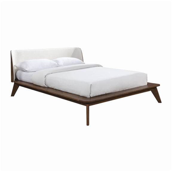 MANGIJOY Modern King Bed Frame, Winged Boucle Headboard, Walnut Beige Platform Base, Mid-Century Inspired Legs