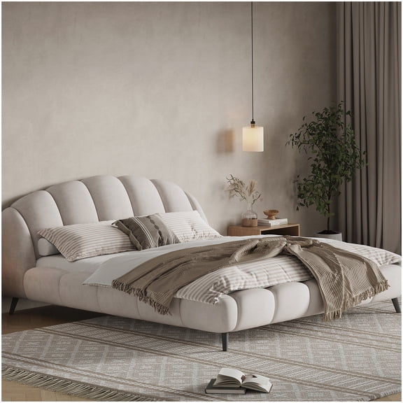 MANGIJOY Modern King Bed with Upholstered Shell Headboard, Wood Slat Support, No Box Spring Required, Beige