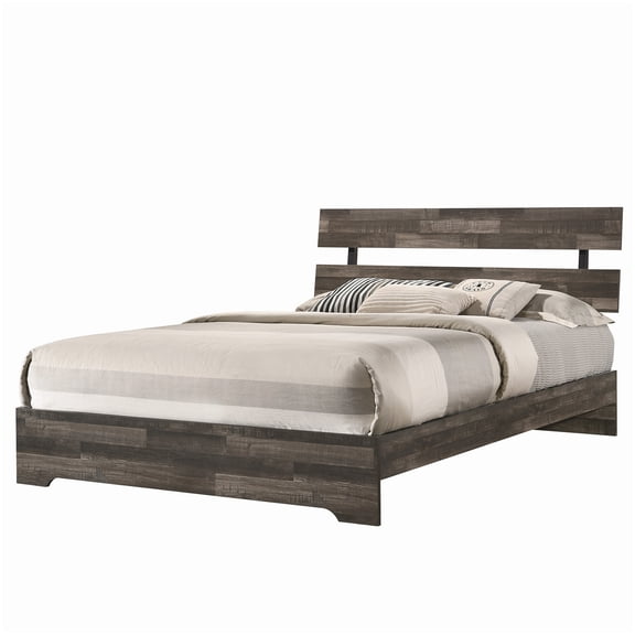 MANGIJOY Modern King Size Bed with Wood Headboard, Low Profile Platform Frame in Rustic Brown, Box Spring Alternative