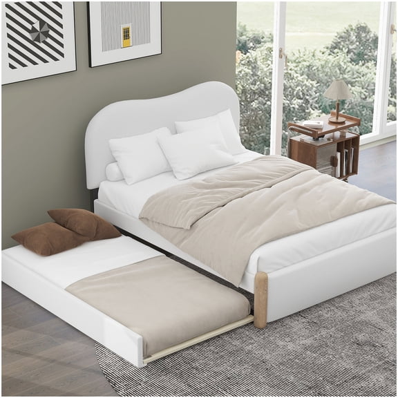 MANGIJOY Modern Upholstered Full Bed with Pull Out Trundle, Platform Storage Base, No Box Spring Needed