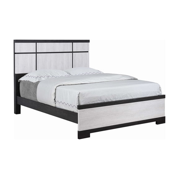 MANGIJOY No Box Spring King Bed Frame, Modern Wood Platform Bed with Geometric Headboard, Cream Ebony Two-Tone