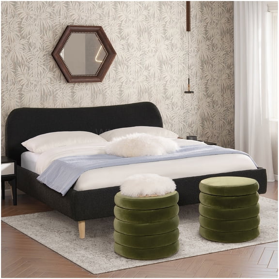 MANGIJOY No Box Spring King Platform Bed, Upholstered Boucle Fabric Frame with Curved Headboard, Sustainable Wood Slat Support