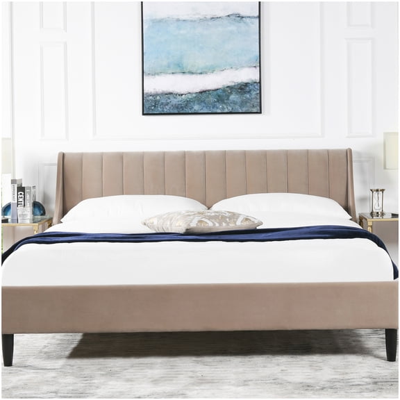 MANGIJOY No Box Spring King Platform Bed, Upholstered Channel Tufted Headboard, Solid Wood Frame