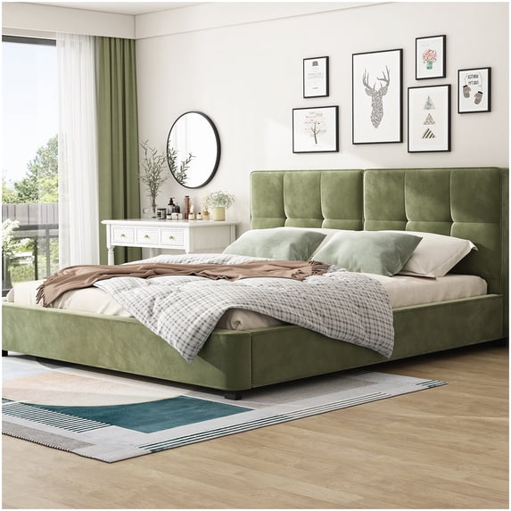 MANGIJOY No Box Spring King Platform Bed, Upholstered Frame with Velvet Headboard in Olive Green, Simple Setup