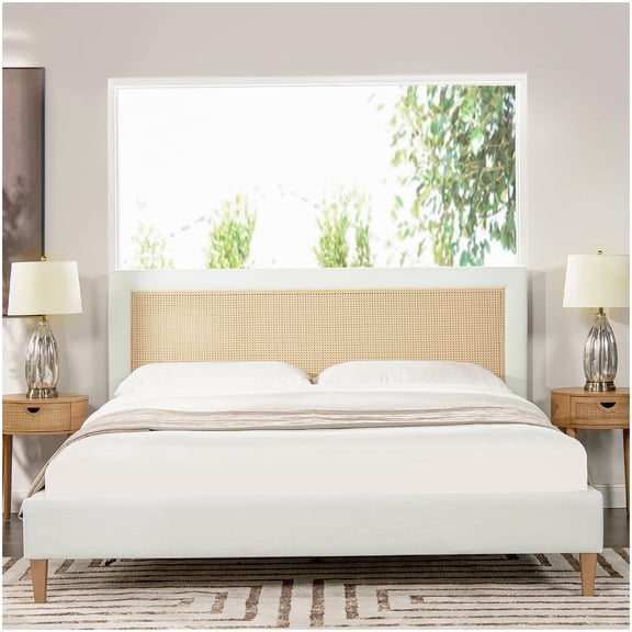 MANGIJOY No Box Spring Platform Bed, King Size with Cane Headboard, Antique White, Sturdy Birch Frame & Adjustable Base Ready