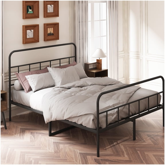 MANGIJOY No Box Spring Queen Bed Frame with Headboard, High Profile Storage Platform, Silent Metal Slat Base, 660LB Capacity, Tool-Free Setup, Black