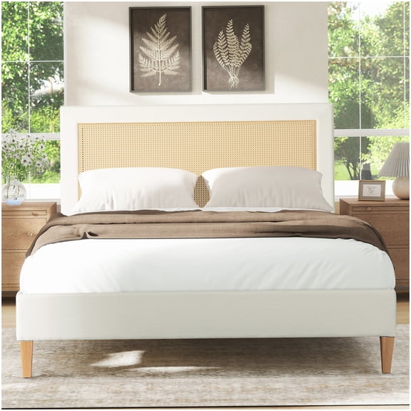 MANGIJOY No Box Spring Queen Size Bed, Upholstered Platform Frame with Breathable Cane Back in Antique White