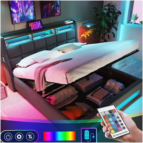 MANGIJOY Platform Bed with Storage, USB Charging and LED Lights, Grey Upholstered Hydraulic Bed Frame