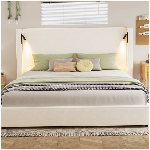 MANGIJOY Platform King Bed Frame with Charging Station, Headboard Lamp, and Foot Bench Storage