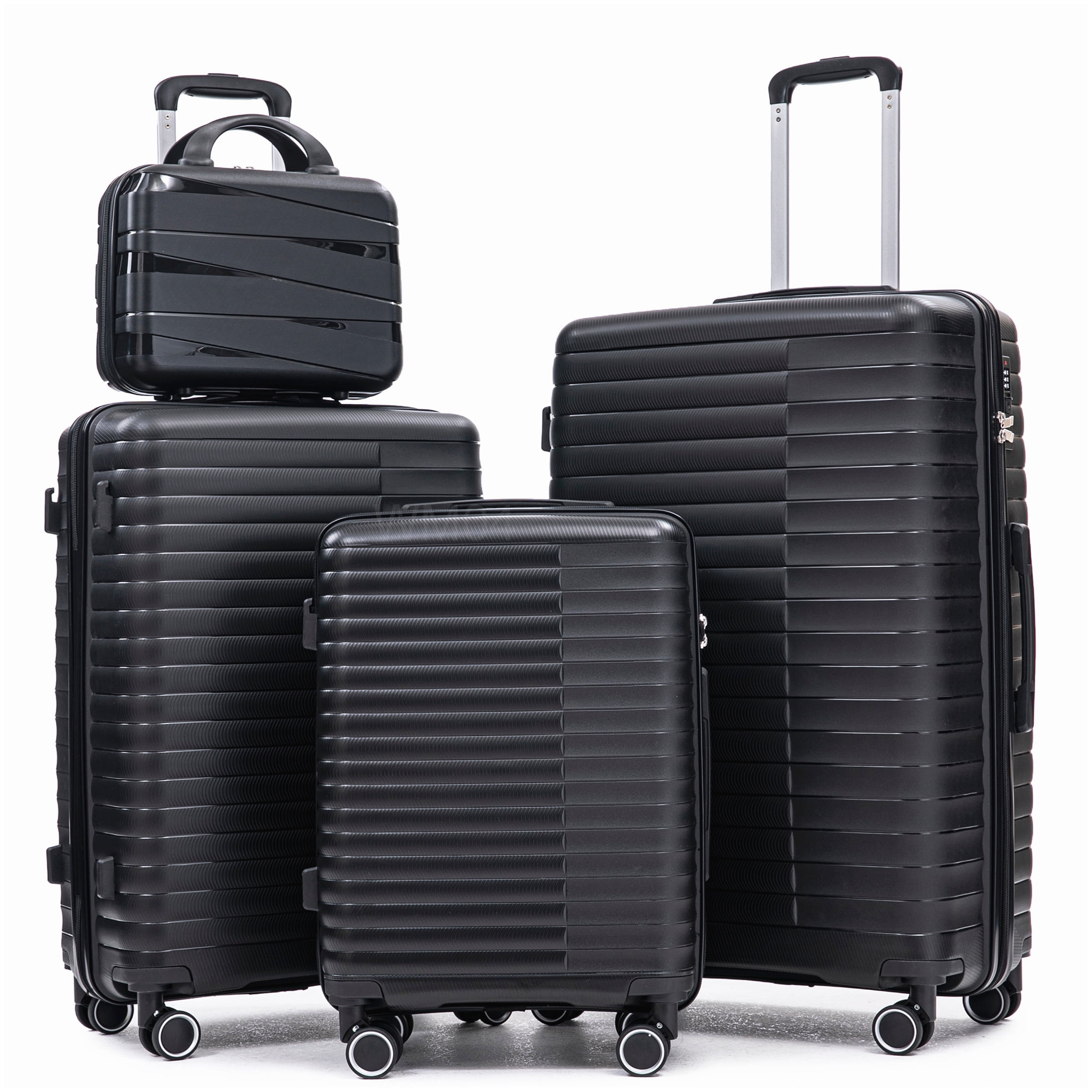 MANGIJOY Polypropylene Spinner Luggage 4-Piece Set, Black Carry-On and Checked Suitcases with Combination Lock and Silent Wheels