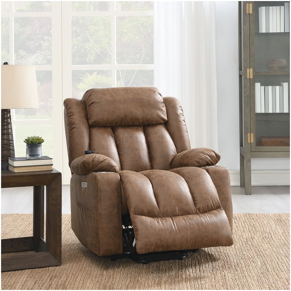 MANGIJOY Power Motion Recliner with Heat and Massage, Zero Wall Design, Brown Faux Leather