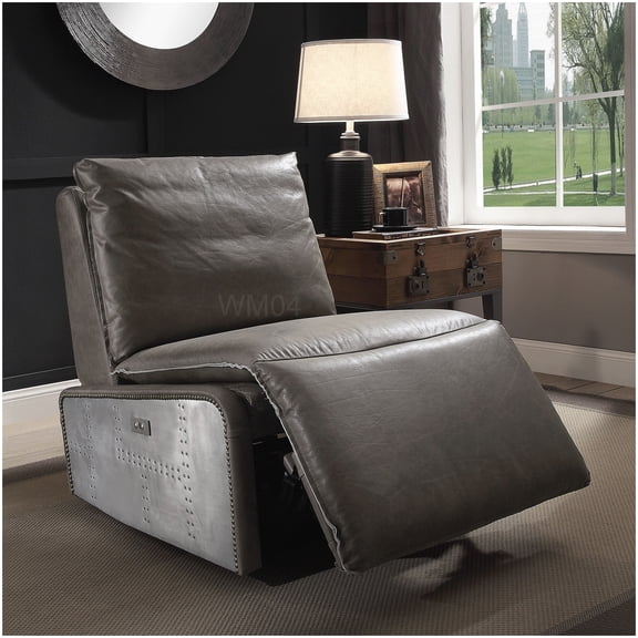MANGIJOY Power Motion Recliner with Top Grain Leather Upholstery and Aluminum Base, Gray