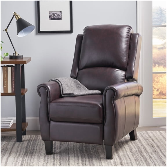 MANGIJOY Push Back Recliner Chair, Burgundy PU Leather Sofa Chair with Tufted Back and Thick Seat Cushion, Wooden Legs