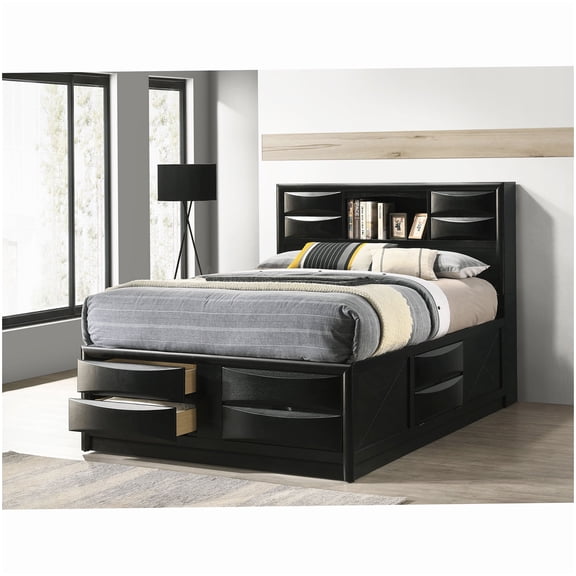 Queen Bed Frame with Storage, Bookcase Headboard with Drop-Down Compartments, 4-Drawer Platform Bed, No Box Spring