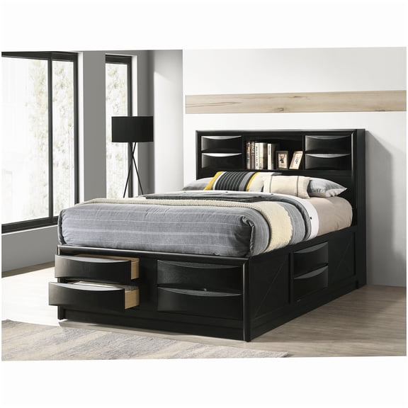 MANGIJOY Queen Bed Frame with Storage, Bookcase Headboard with Drop-Down Compartments, 4-Drawer Platform Bed, No Box Spring