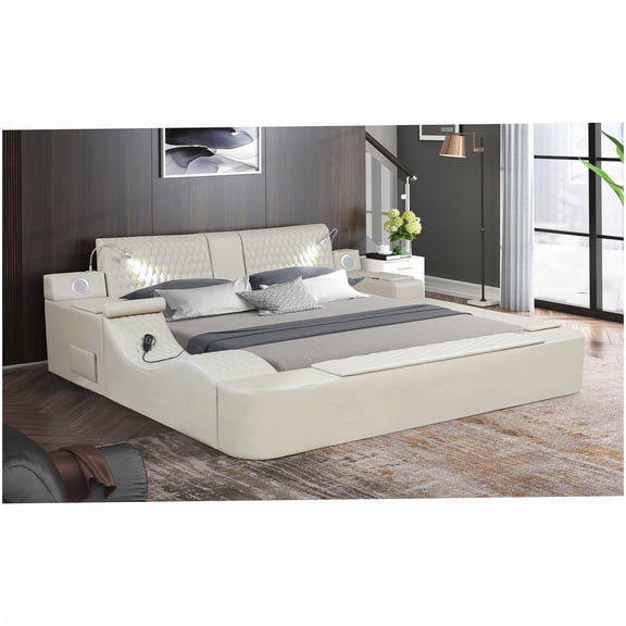 MANGIJOY Queen Platform Bed with Built-in Massage, Bluetooth Speakers & USB Ports, Beige