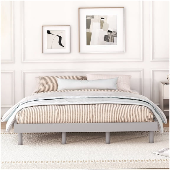 MANGIJOY Queen Size Bed Frame, Low Profile Platform with Headboard, Sturdy Wood Slats, Modern Grey, Simple Assembly