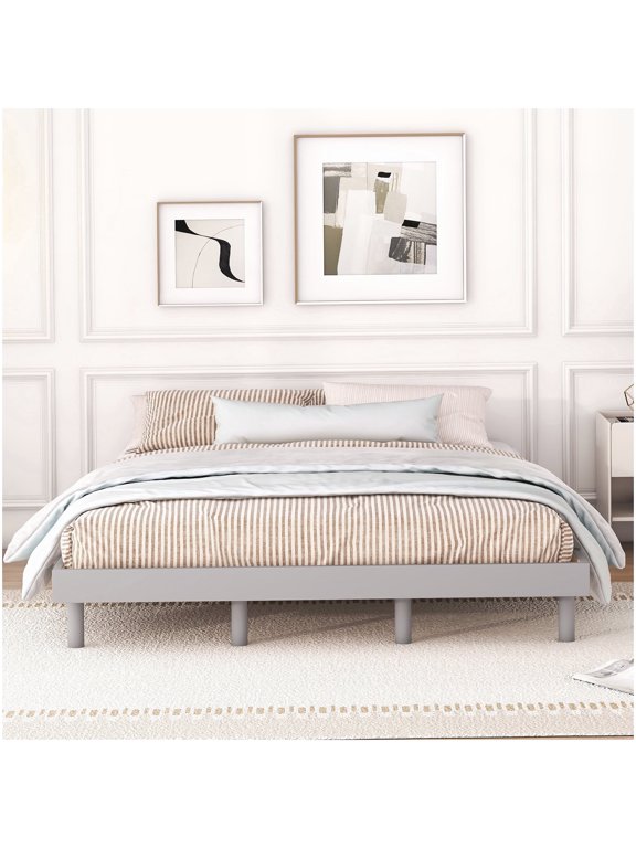 Queen Size Bed Frame, Low Profile Platform with Headboard, Sturdy Wood Slats, Modern Grey, Simple Assembly