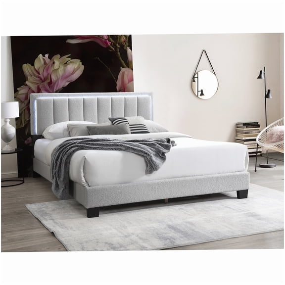 MANGIJOY Queen Size LED Bed Frame with Channel Tufted Headboard, Light Gray Upholstered Platform Bed with Mood Lighting, Eliminates Box Spring