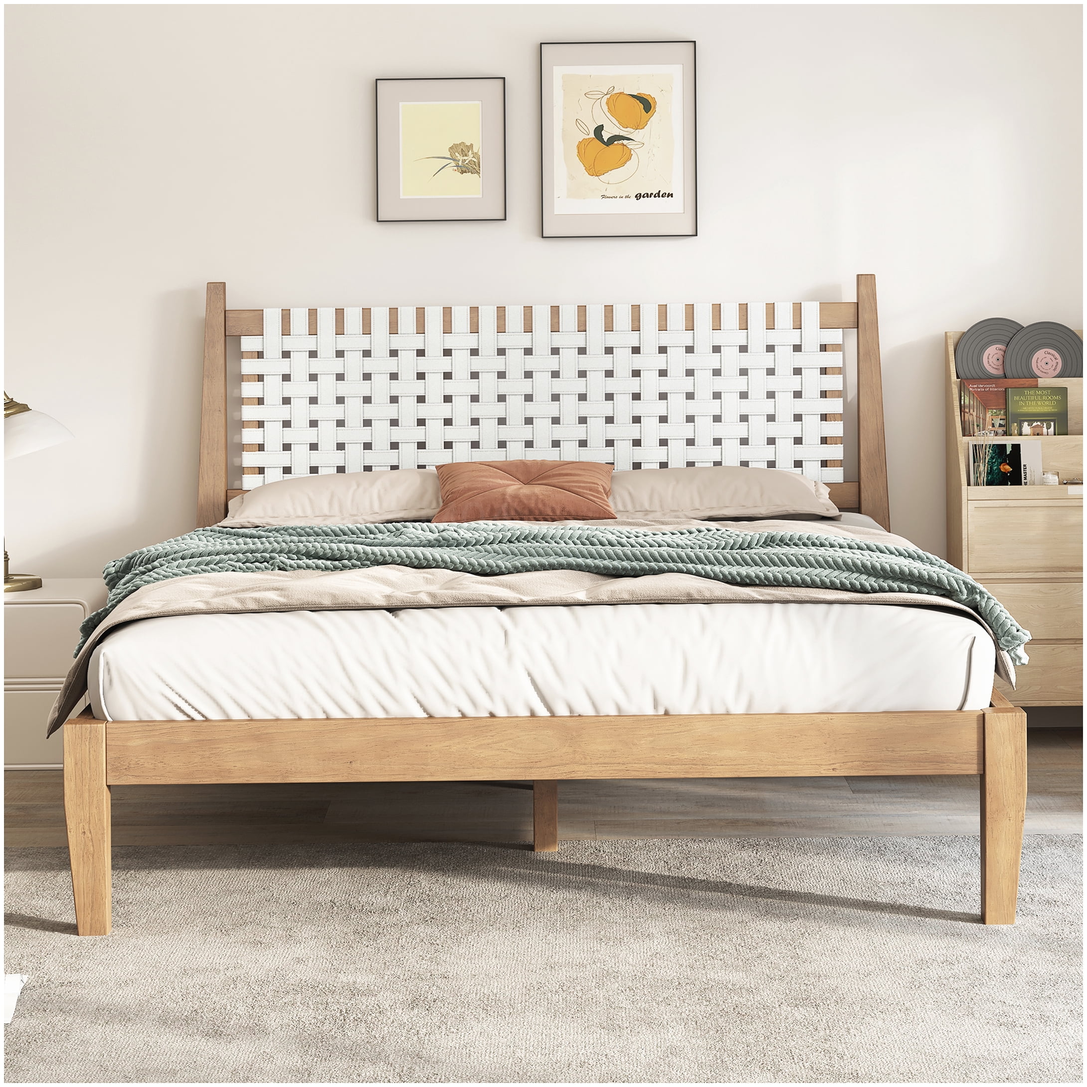 MANGIJOY Queen Size Low Profile Platform Bed Frame with Upholstered ...