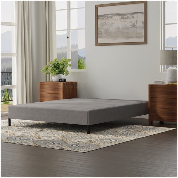 MANGIJOY Queen Size Upholstered Bed Foundation with Tool-Free Assembly, Heavy Duty Support 1000lbs, No Box Spring Needed, Modern Low Profile Platform Base in Black Gray