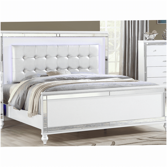MANGIJOY Queen Size Upholstered Bed Frame with LED Lights, White Fabric Platform Bed with Mirror and Storage Space