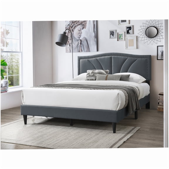 MANGIJOY Queen Size Upholstered Bed Frame with Platform Base, No Box Spring Required, Charcoal Fabric and Nailhead Trim Headboard