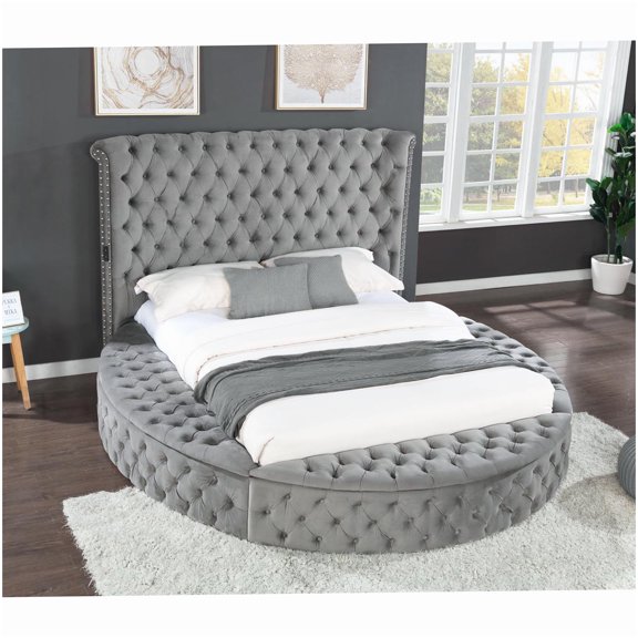 MANGIJOY Queen Upholstered Bed Frame with Speakers, USB Charging, Hidden Storage & Velvet Headboard, Gray