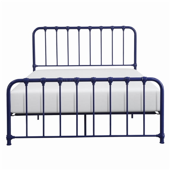 MANGIJOY Queen Upholstered Headboard Bed, Blue Wood Texture Metal Frame ...