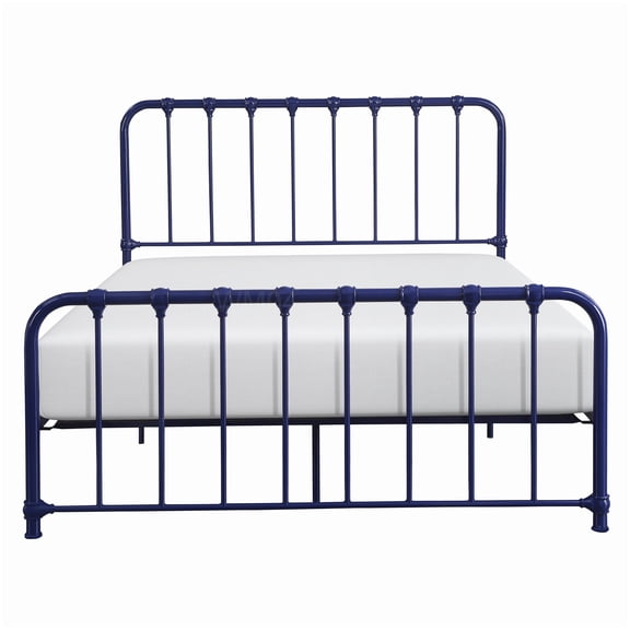 MANGIJOY Queen Upholstered Headboard Bed, Blue Wood Texture Metal Frame, Platform Base with Storage, Easy Lock Assembly, All-in-One Package