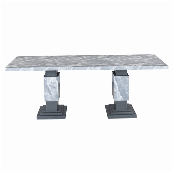 MANGIJOY Rectangular Grey Wood Dining Table for 6 Person, Modern Kitchen Table with Double Pedestal and Marble Top