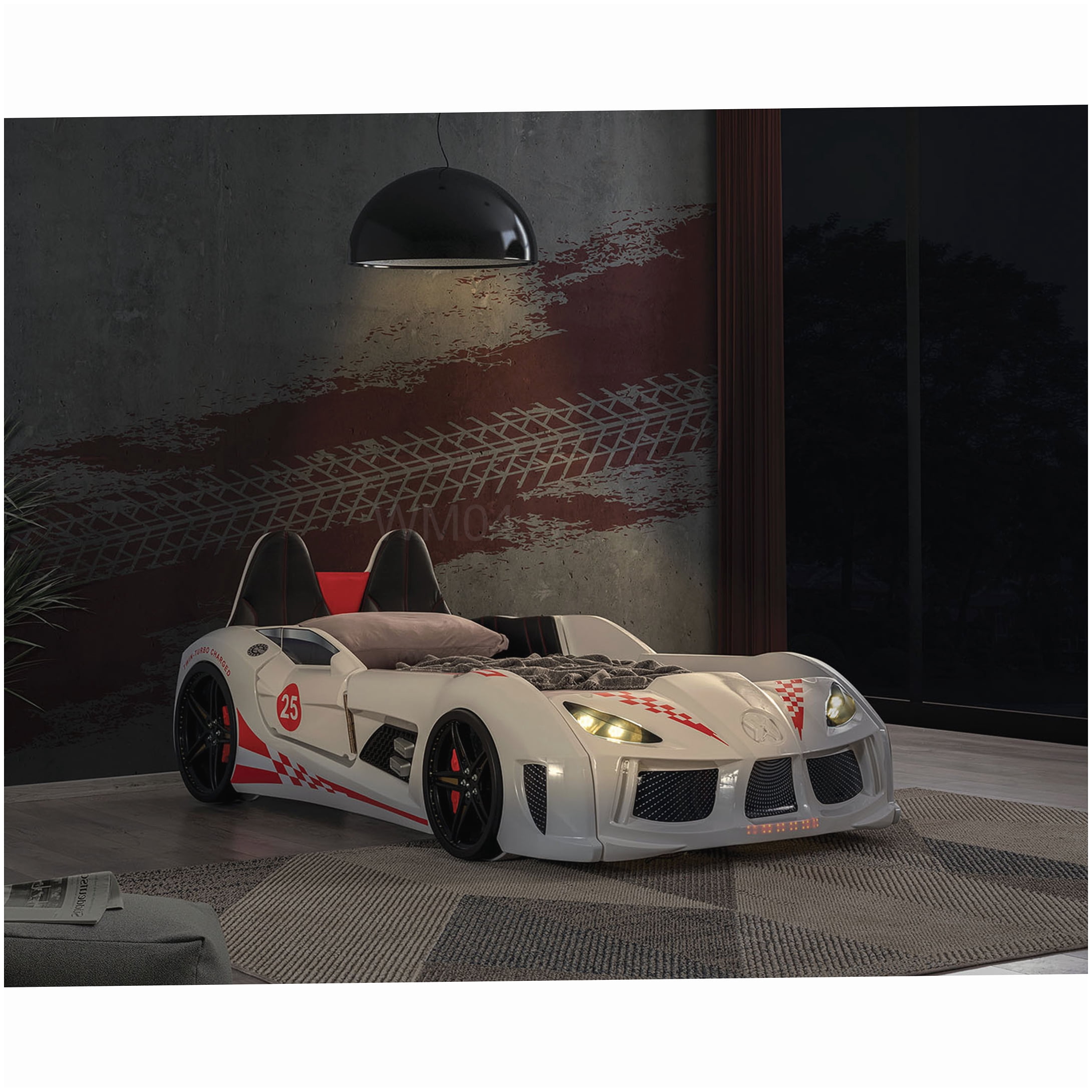 MANGIJOY Remote Controlled Twin Car Bed Frame with LED Underglow Lights and Music