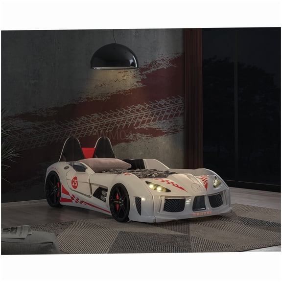 MANGIJOY Remote Controlled Twin Car Bed Frame with LED Underglow Lights and Music