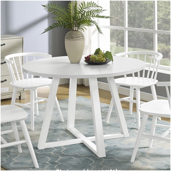MANGIJOY Round Dining Table with Trestle Legs, White Finish Modern Table for Dining Room, Seats 4
