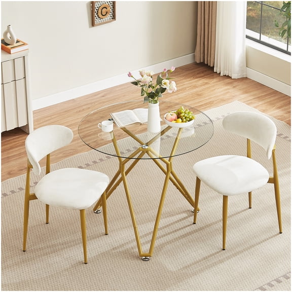 MANGIJOY Round Glass Top Dining Table Gold, 35.4 Inch Small Kitchen Table for 1-4 People, Easy Assembly