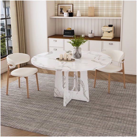MANGIJOY Round Kitchen Table for Dining Room, 47 Inch Farmhouse Design with White Marble Top, Iron Leg Base, 300lb Load Capacity, Easy to Assemble