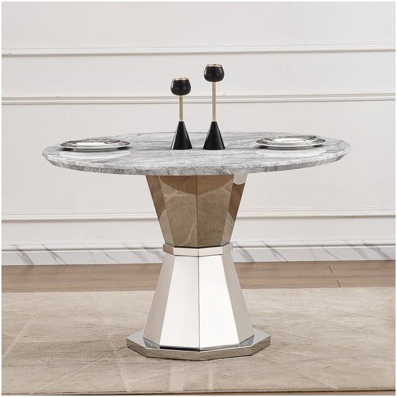 MANGIJOY Round Kitchen Table with Faux Marble Top, 47 Inch Diameter Dining Table with Stainless Steel Base in Gray Silver