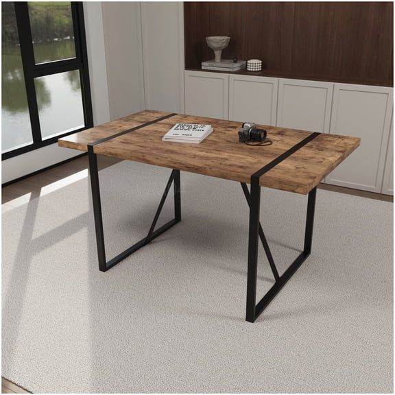 MANGIJOY Rustic Industrial Dining Table for 4-6 People, 55" Long Rectangular MDF Top, Dark Wood Finish, Black Metal Legs
