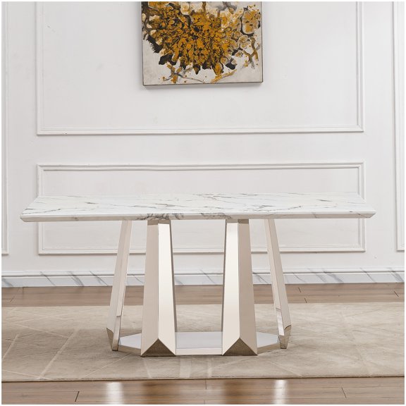 MANGIJOY Silver White Faux Marble Dining Table for 6, 70" Rectangular Table with Mirror Stainless Steel Legs