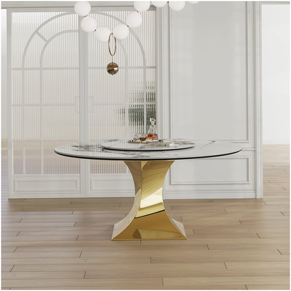 MANGIJOY Sintered Stone Round Kitchen Table with Hourglass Gold Base, 59 Inch Dining Table for 6, White Heat Resistant Surface Only