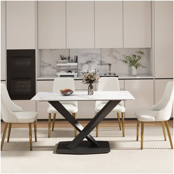 MANGIJOY Sintered Stone Top Dining Table with Metal X-Legs, Modern Design for 6 People