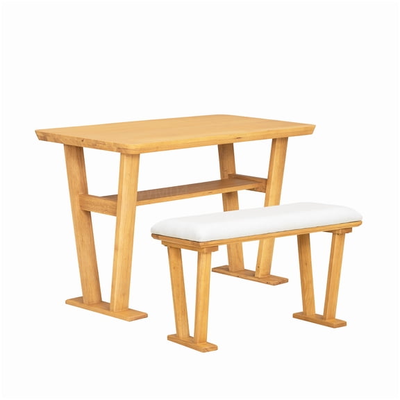 MANGIJOY Solid Wood Expandable Dining Table with Leaf Storage, White and Natural Farmhouse Style Design