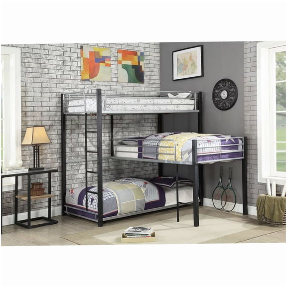MANGIJOY Space Saving Triple Bunk Bed, Metal 3-Tier Loft with 2 Ladders and Guardrails, Black