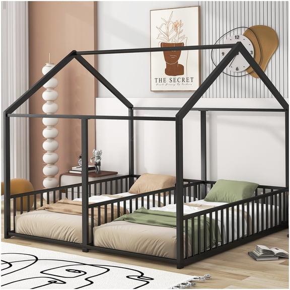 MANGIJOY Space Saving Twin Shared Bed Frame with Roof Guardrails, Metal Platform Bed No Box Spring Required, for Multiple Sleepers, Black