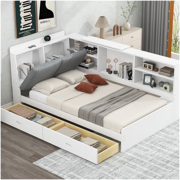 MANGIJOY Storage Platform Bed with Rotatable Tray, Twin Size, No Box Spring Needed